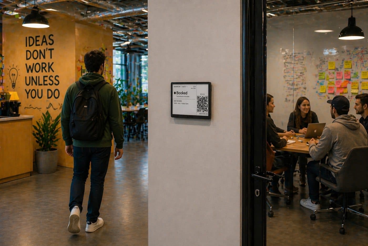 A Lobby e-ink display mounted beside a meeting room showing Booked status