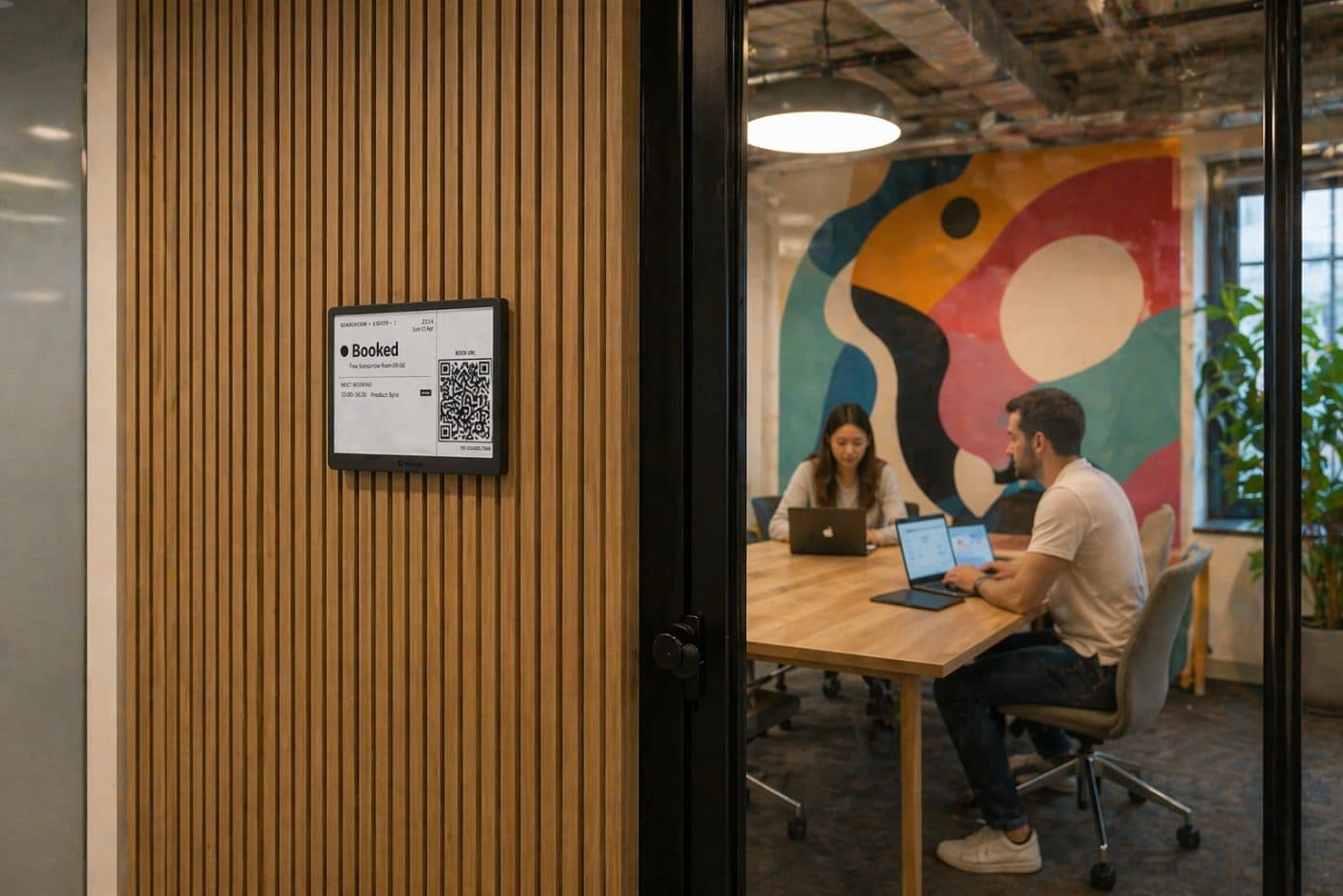 Lobby e-ink display mounted on a wood-panel wall outside a meeting room