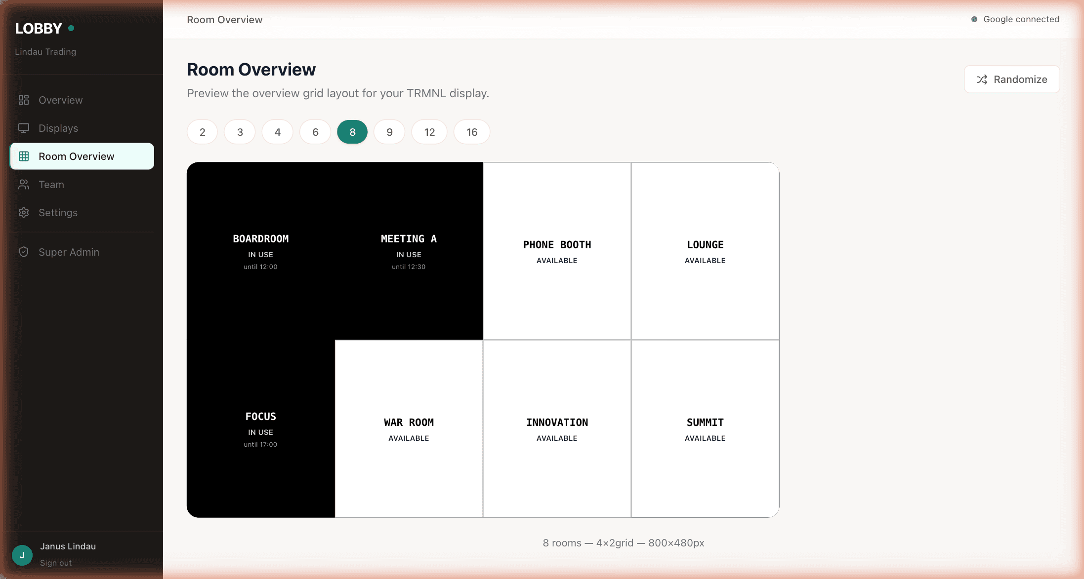 Room overview display with eight rooms in a 4×2 grid — Boardroom and Meeting A in use with end times, Phone Booth, Lounge, War Room, Innovation and Summit available, Focus in use.